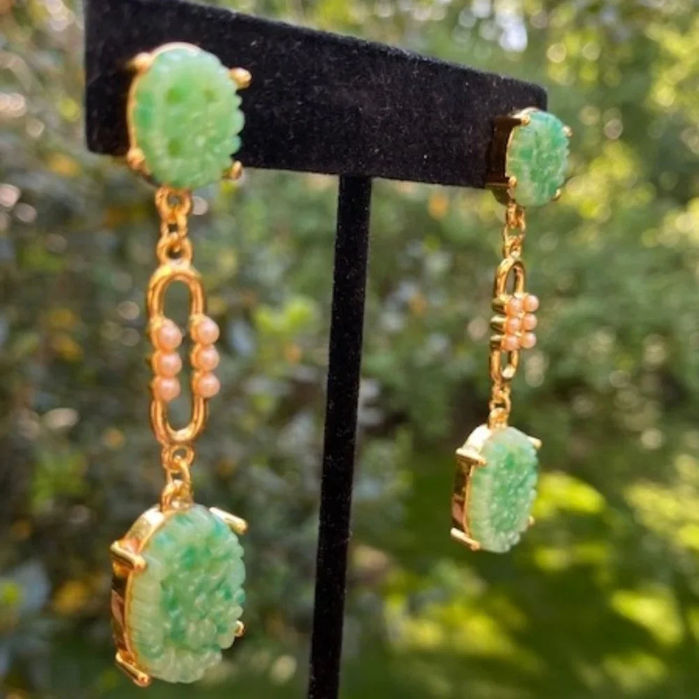 VTG Edgar Berebi Limited Edition Carved Faux Jade Dangle Earrings